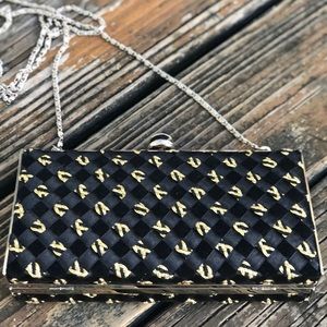 Timmy Woods Beverly Hills Black Gold Braided Rope Ribbon Clutch Purse Bag